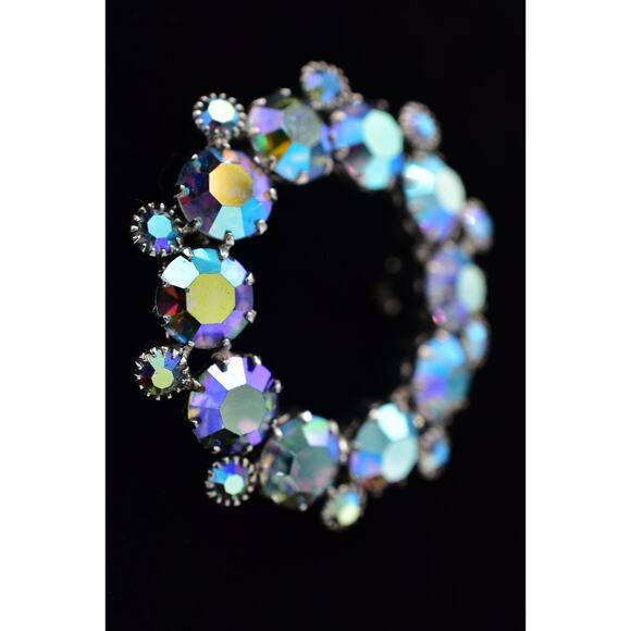 Vintage Crystal Pin Brooch Prong Rhinestone AB Blue Retro Round 1950s Glam BinBP - Picture 3 of 12